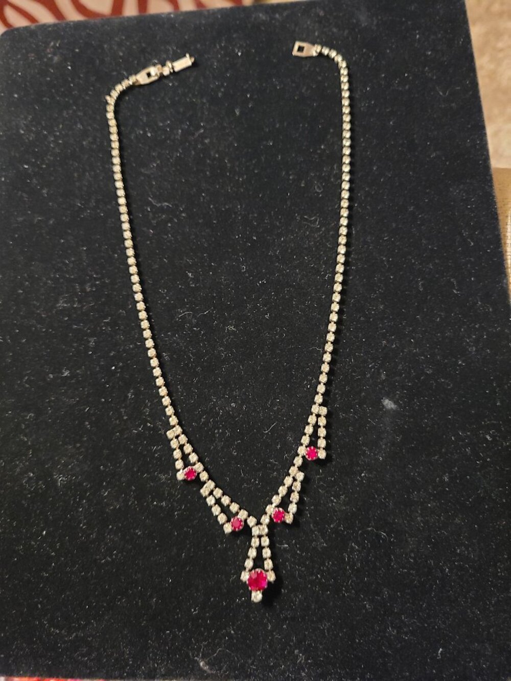 Vintage Clear Rhinestone & Red Rhinestone Necklace Elegant Beautiful!